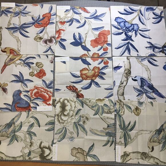 Thibaut 9pc Fabric Sample Swatches Linen Cotton  Floral Birds Garden Crafting - Picture 1 of 9